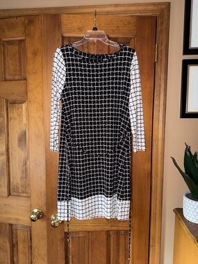 Ivanka Trump Black and White Grid Patterned Midi Dress